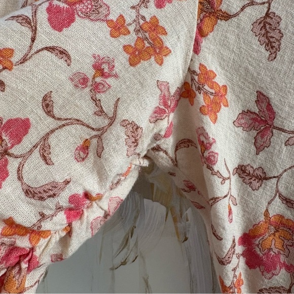 Tintoretto Linen Floral Dress White Pink Orange Short Sleeve V-Neck Size M - Picture 4 of 16